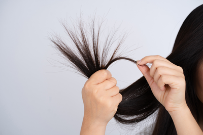 Close-up of hands holding frayed hair ends with visible split ends, representing hair breakage and damage.