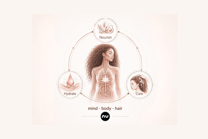 Diagram of a human figure with circular relationships between care, nourish, and hydrate.